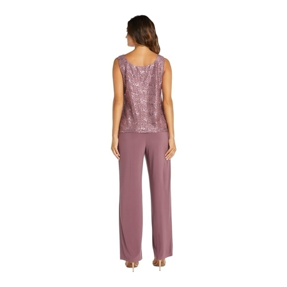 3-Pcs Pants Suit R&M Richards Donna Metallic Lace Tank Top Pants Lace Jacket Set - Picture 5 of 11